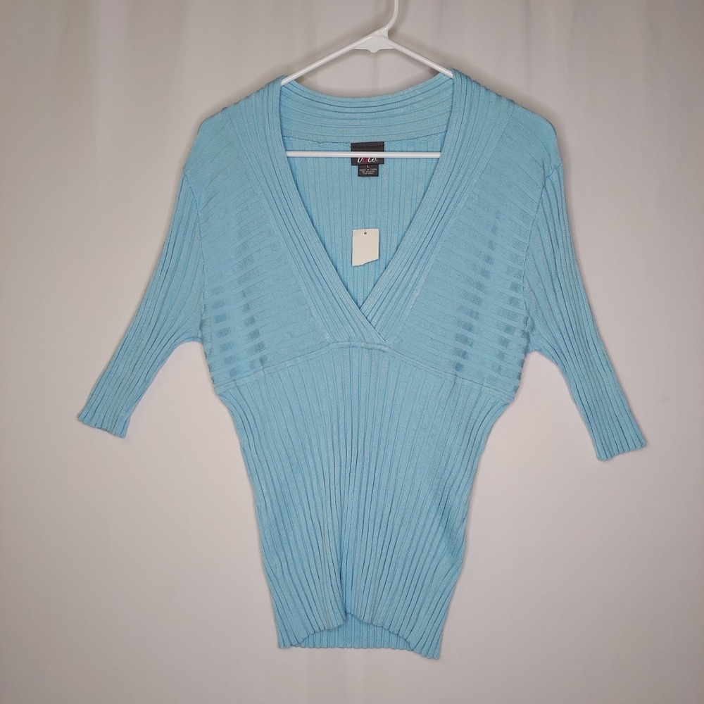Dots Vtg Empire‎ Rib Knit Top Womens Large Pastel Blue Short Sleeve V-Neck Tube
